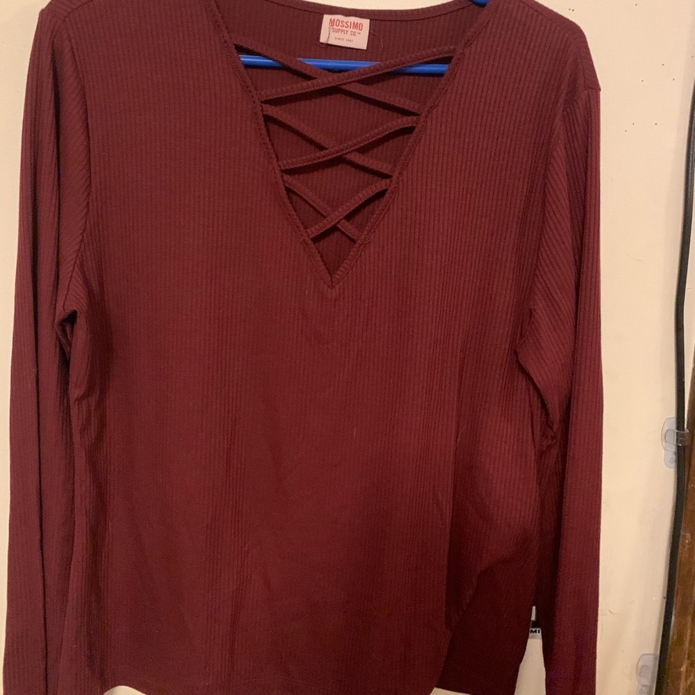 long sleeved burgundy shirt